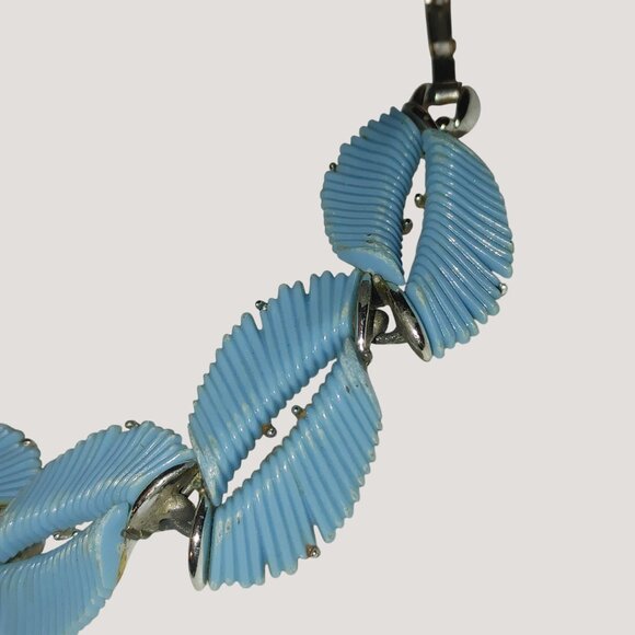 Vintage 1950 BSK Blue Parure Enamel Leaf Link Bracelet Silver Tone Metal 7 Inch - Picture 4 of 8